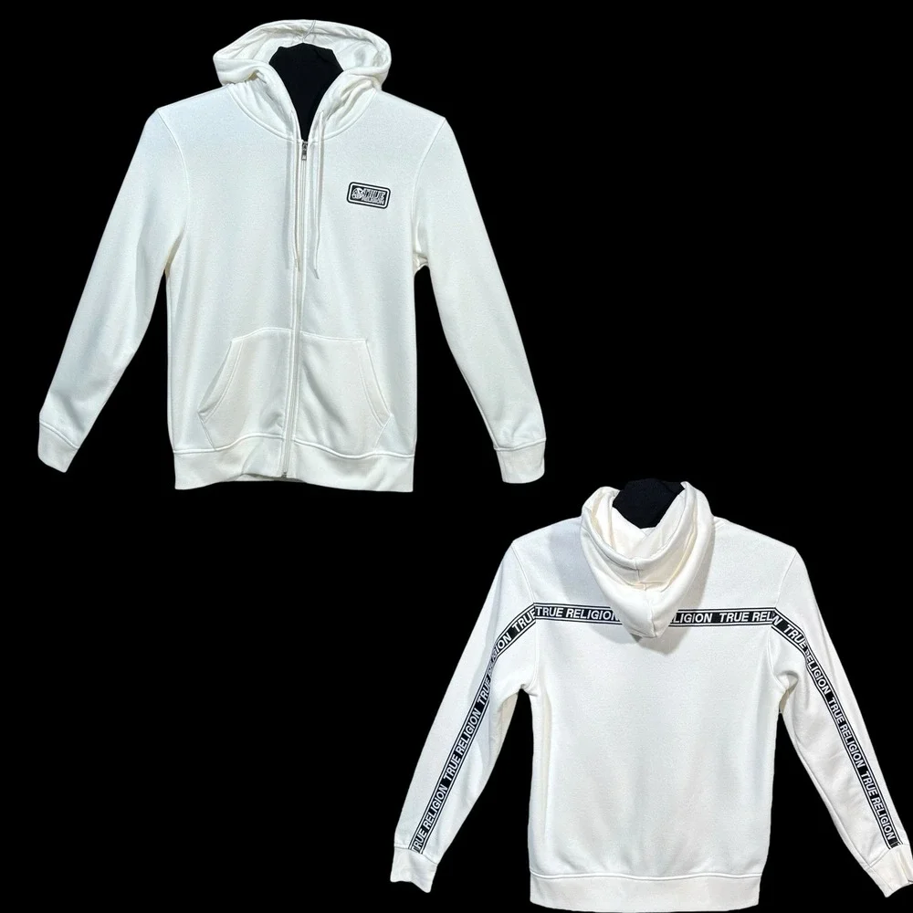 True Religion Mens Full Zip Hoodie Size XL Winter White Branded Tape Across Back